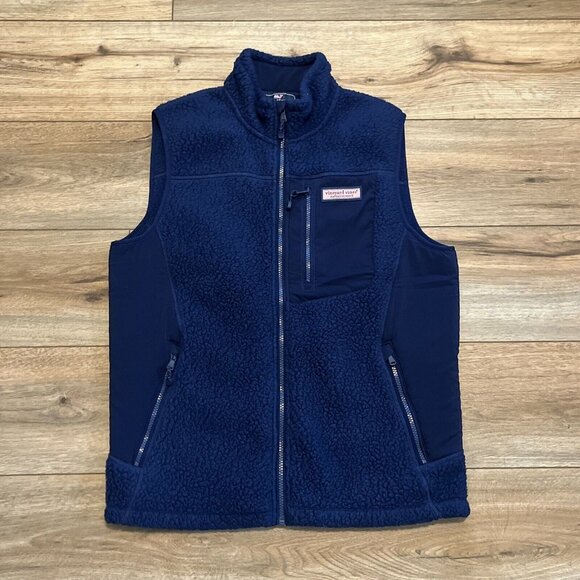 Men's Vineyard Vines Sherpa Fleece Vest SZ Small Blue Pockets Full Zip - Picture 1 of 10